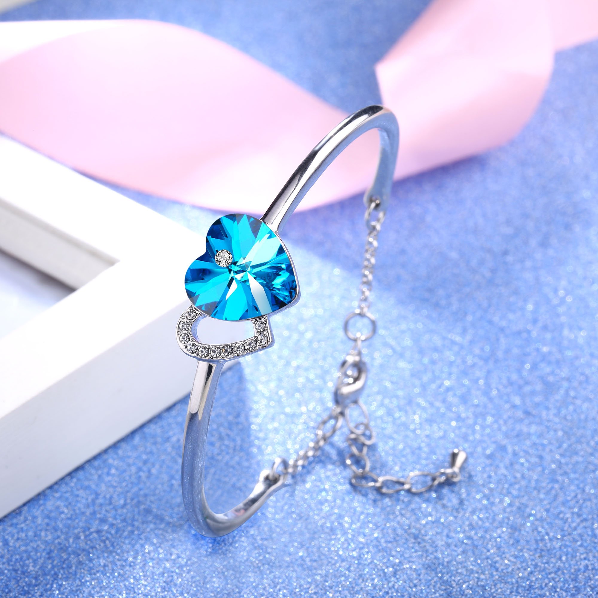 Angelady Love Story Heart Link Bangle Bracelet for Birthday Anniversary Wedding Gifts,Blue Crystal from Swarovski