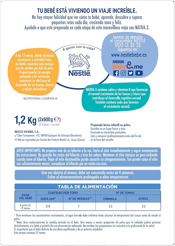 Nestlé Nativa 3 Leche De Crecimiento En Polvo Para Bebés A Partir De Los 12 Meses, Estuche De 1200 G