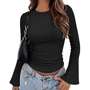 Zeagoo Womens Long Sleeve Shirts Crewneck Ribbed Bell Sleeve Casual Tops | Basic Tee, Going Out Tops, Slim Fitted Shirt, 2026