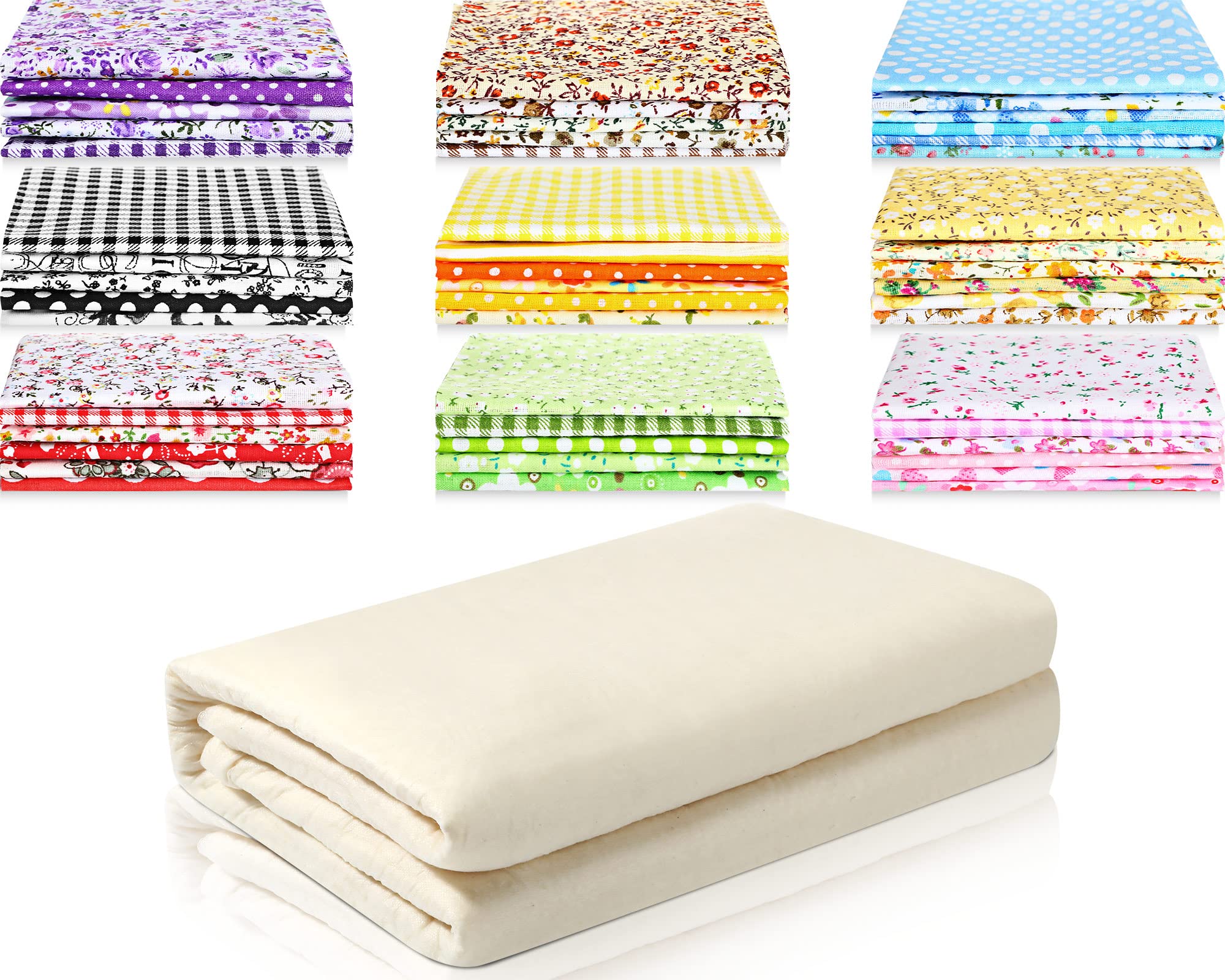 Tatuo Quilt Batting and 50 DIY Fabric Warm and Natural Cotton Thin Batting for Quilts Printed Pattern Squares Crafting Fabric Bundles for Sewing Supplies Patchwork Accessories
