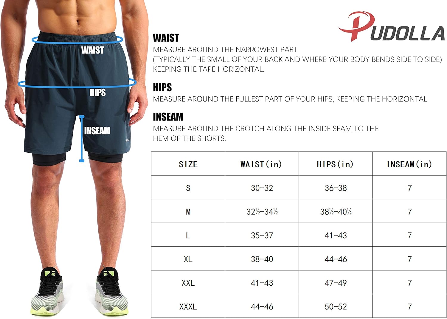 Pudolla Men’s 2 in 1 Running Shorts 7" Quick Dry Gym Athletic Workout Shorts for Men with Phone Pockets: Clothing