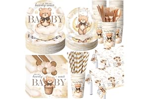 Funnymoom 452 Pcs We Can Bearly Wait Baby Shower Decorations, Brown Bear Paper Plates Napkins Cups Tablecloth Cutlery Straws for Brown Baby Shower Gender Reveal Birthday Party Supplies, Serves 50