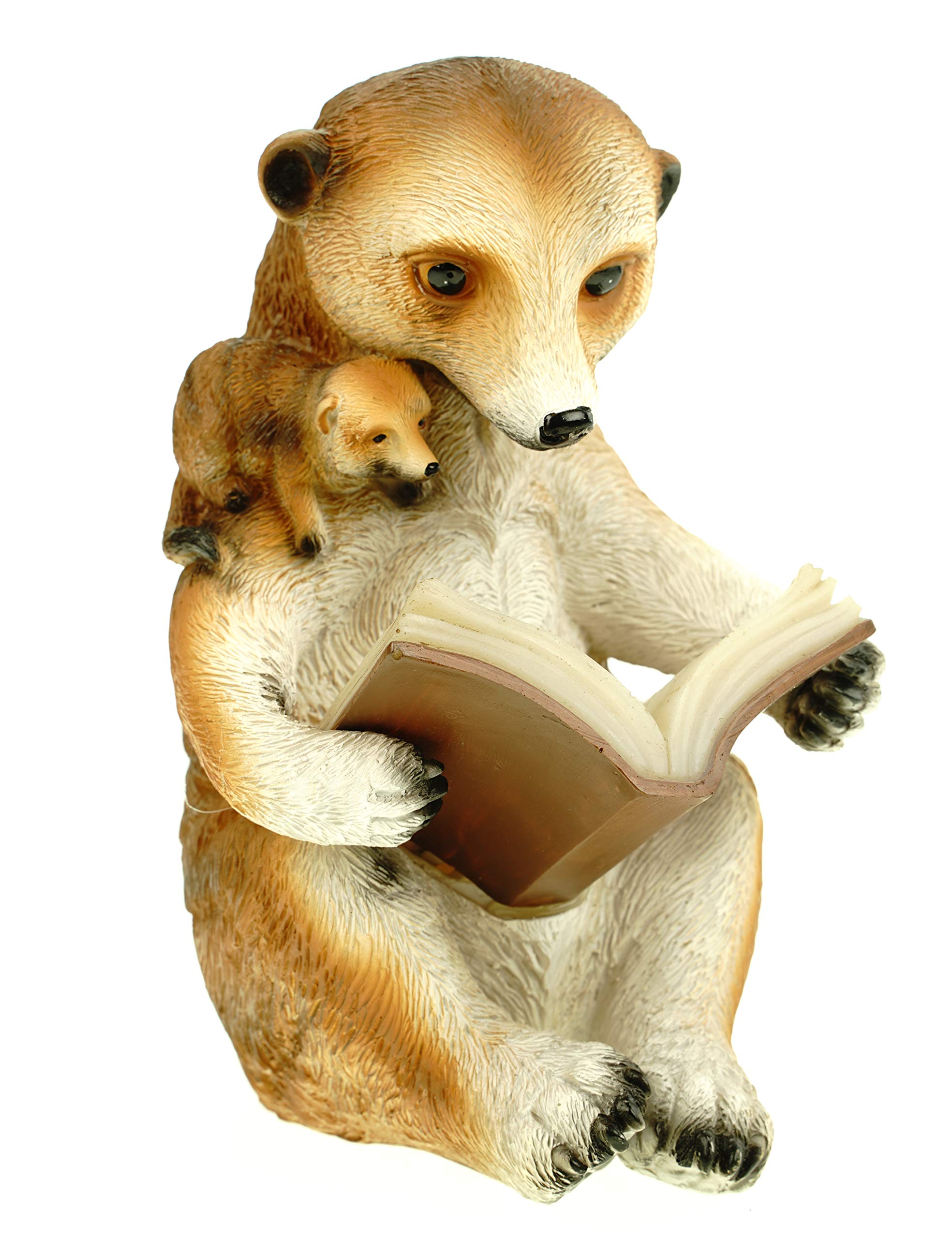 Kremers Schatzkiste Solar Meerkat Mama Reads Book in Front of Garden Figurine 20 cm Decorative LED Polyresin Sculpture Book Illuminated Hand-Painted with UV Protection Meercat