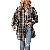Bozanly Oversized Mid Long Plaid Flannel Shirts for Women Lapel Long Sleeve Check Blouse with Pockets