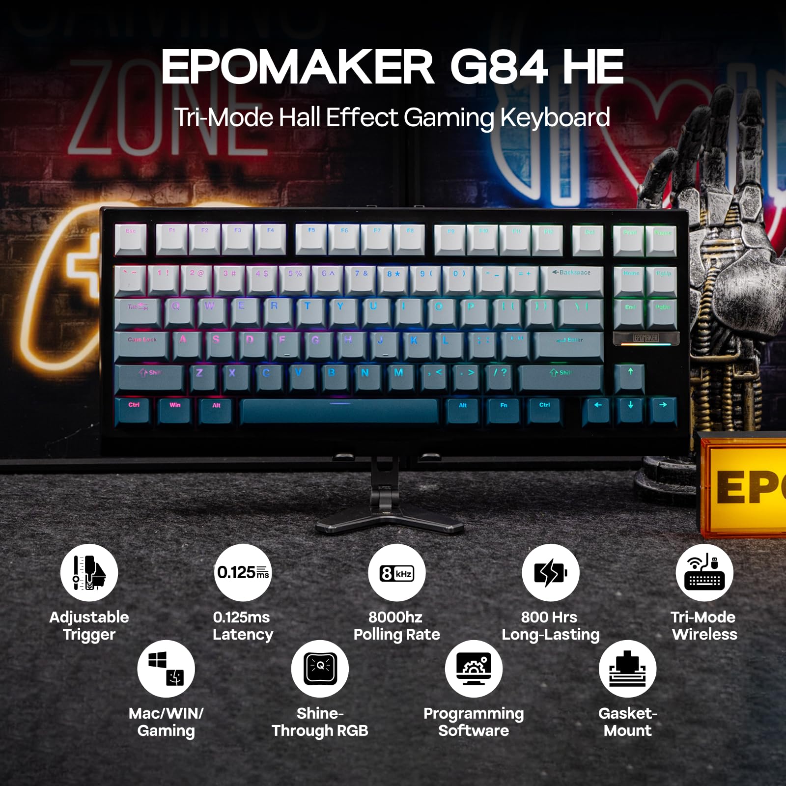 EPOMAKER G84 HE Wireless Hall Effect Keyboard, 8K Polling & 8000mAh, SOCD & DKS, Gaming Keyboard with Fast Trigger & Adjustable Actuation, RGB Backlit, PBT Keycap, Hot-Swap, for Win/Mac
