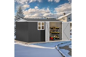 DWVO 12x8ft Large Tool Storage Shed with Window, Lockable Doors, and Sloped Roof, Oversized Steel Outdoor Storage Shed for Garden, Patio, Garage, Backyard, Lawn(Gray + White)