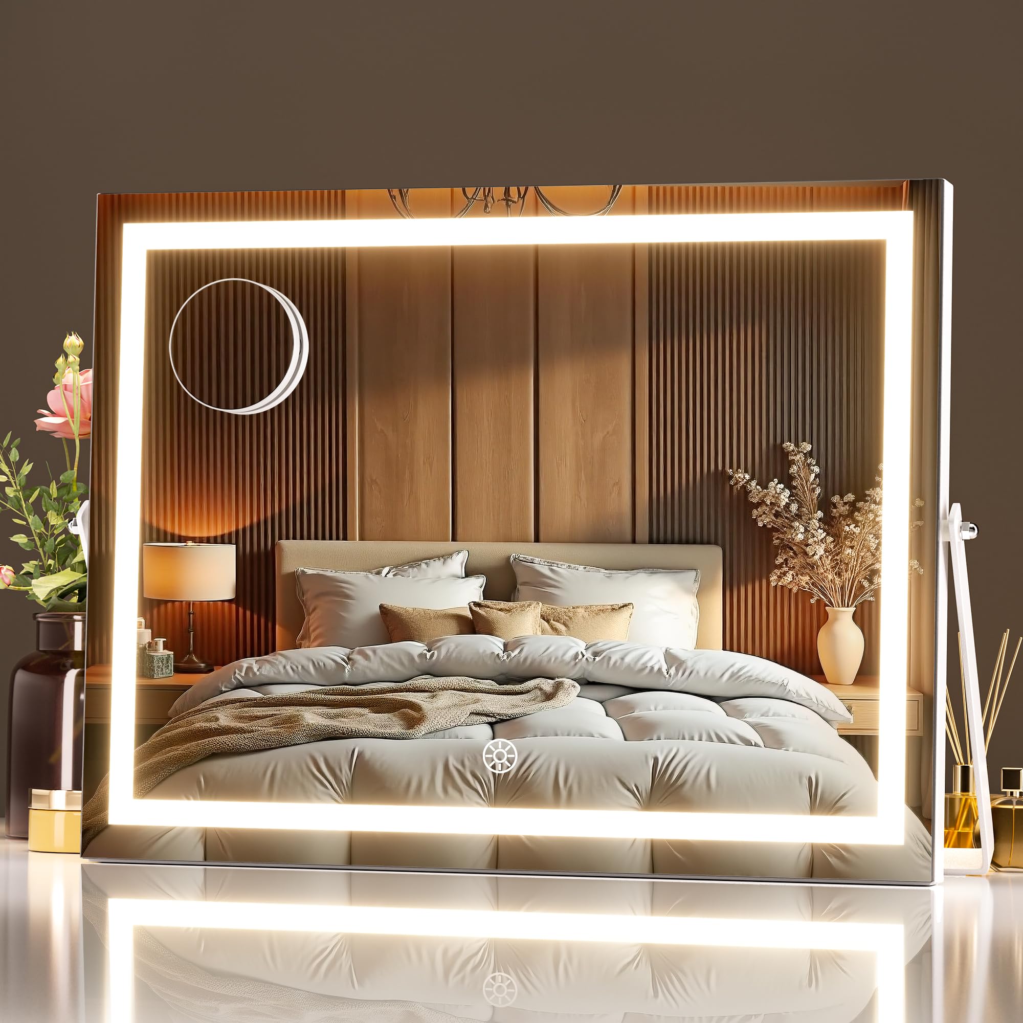 Photo 1 of MINISO Vanity Mirror with Lights, 13.8" x 11" LED Makeu Mirror, Light & Brightness Adjustment, Smart Sensor, 360°Rotation, Aluminum Alloy Metal White Frame, with 5X Magnifying Glass