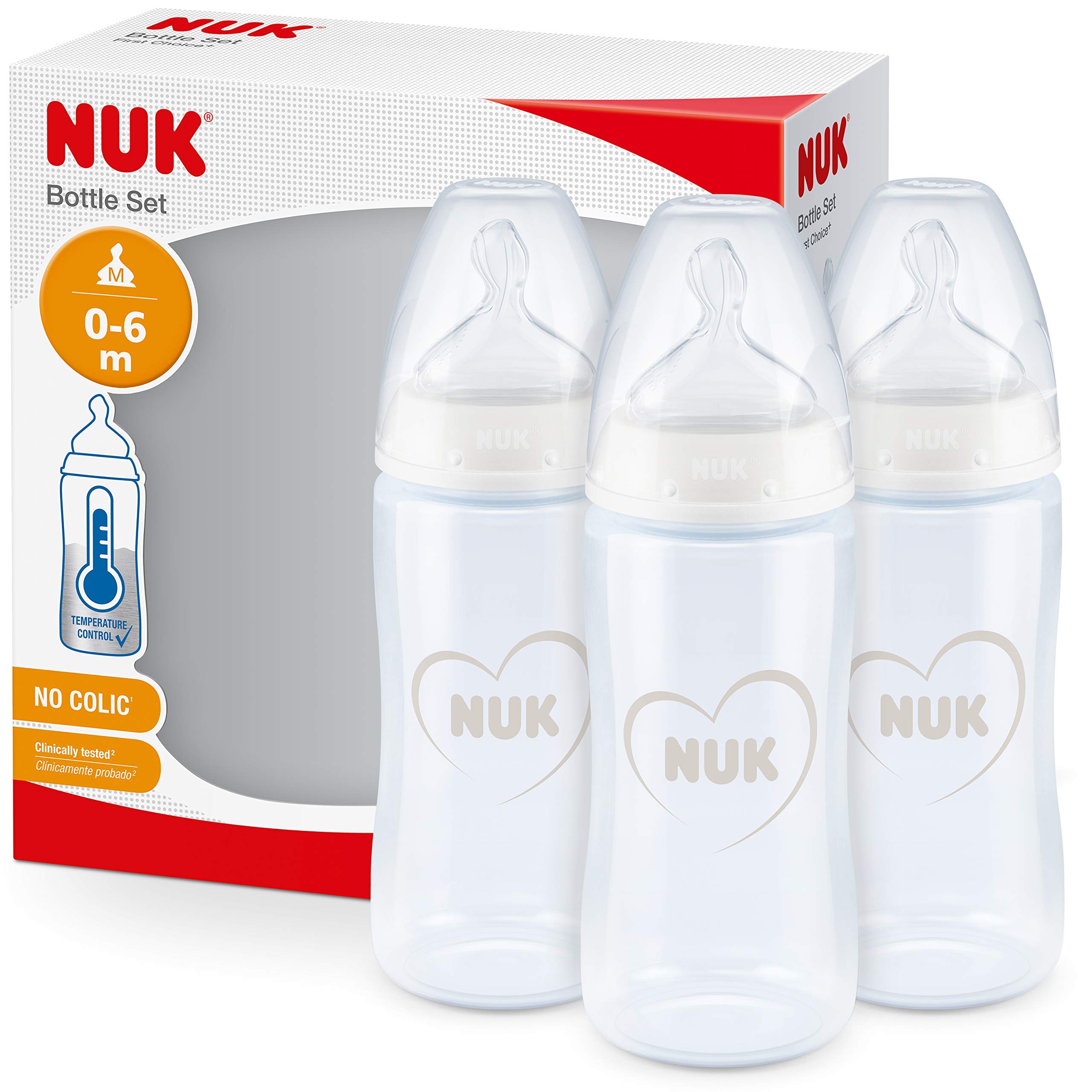NUK First Choice+ Baby Bottles | 0-6 Months | 300 ml | Anti-Colic Bottles with Orthodontic Silicone Teat | Temperature Control | BPA-Free | Grey & White | 3 Count