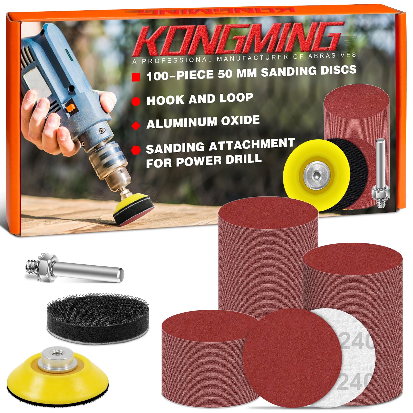 KONGMING 50mm Sanding Discs Hook and Loop 100 pcs Grit 240 for Drill Sanding Attachment