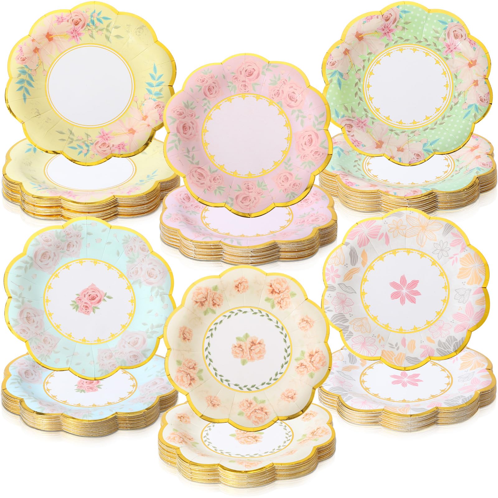 Photo 1 of Maxcheck 72 Pcs 9 Inch Floral Paper Plates with Gold Rim Disposable Flower Plates for Tea Party Decorations Birthday Baby Shower Wedding Bridal Supplies