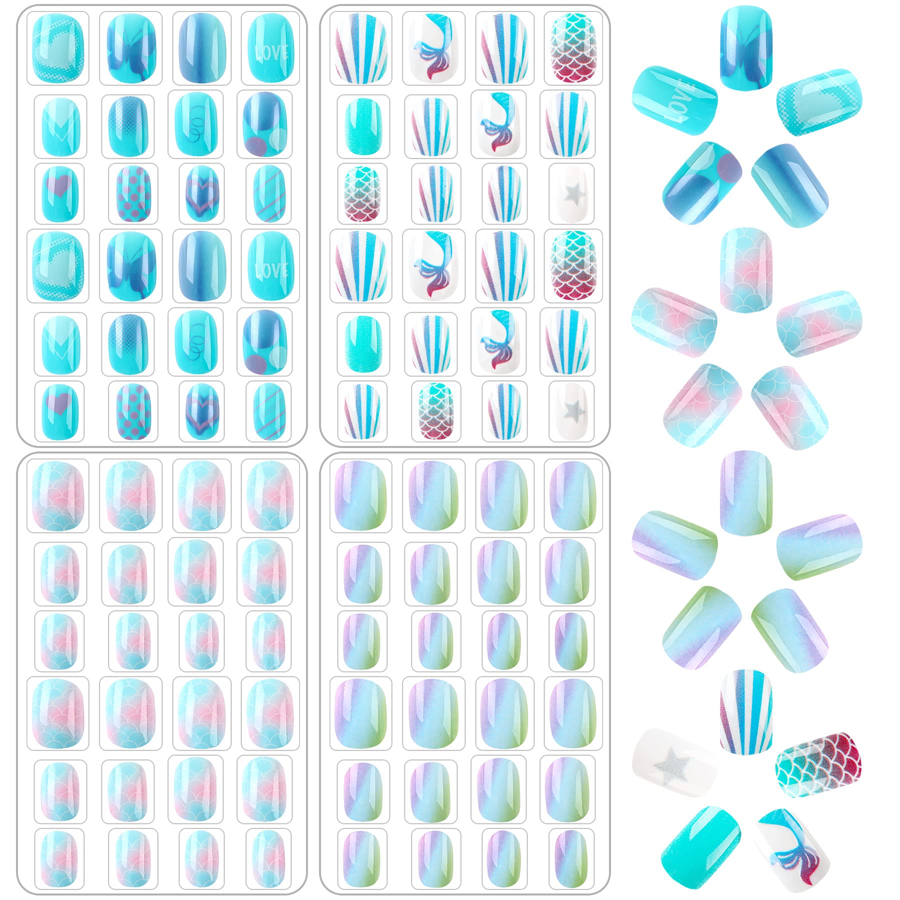 JANYUN 96 Pcs Kids Fake Nails Press on Nails for Girls Pre-glue Full Cover Short False Nails Children Nails Lovely Gift for Children(Blue Theme)