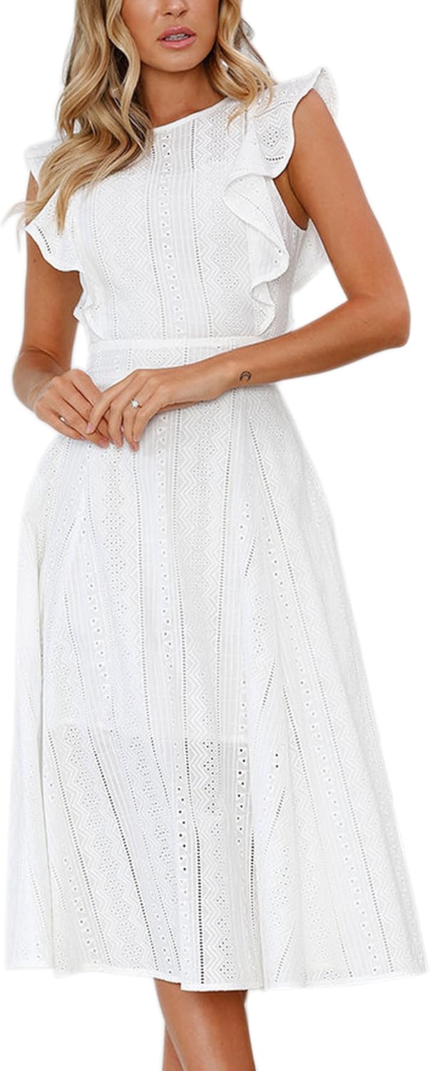 ECOWISH Womens Dresses Elegant Ruffles Cap Sleeves Summer A-Line Midi Dress