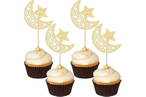 Gyufise 24Pcs Moon Star Eid Mubarak Cupcake Toppers Gold Glitter Ramadan Kareem Cupcake Picks for Eid Islamic Muslim Theme Party Cake Decorations Supplies