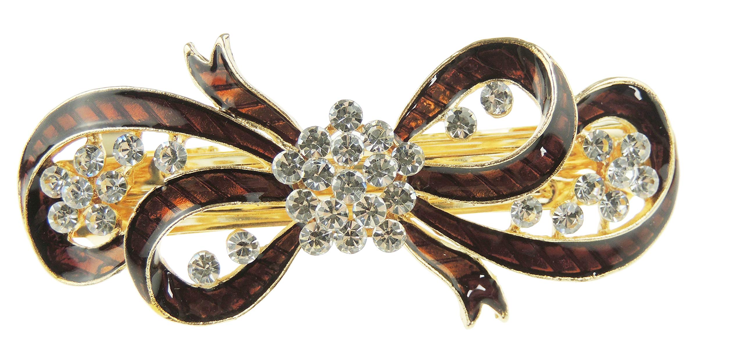 Womens Girls Crystal Rhinestone Diamante Wedding Birthday Party Evening Ponytail Fine Medium Hair Accessories Occasion Barrette Hairpin Grip French Spring Clip Enamel Bow Ribbon (Brown)