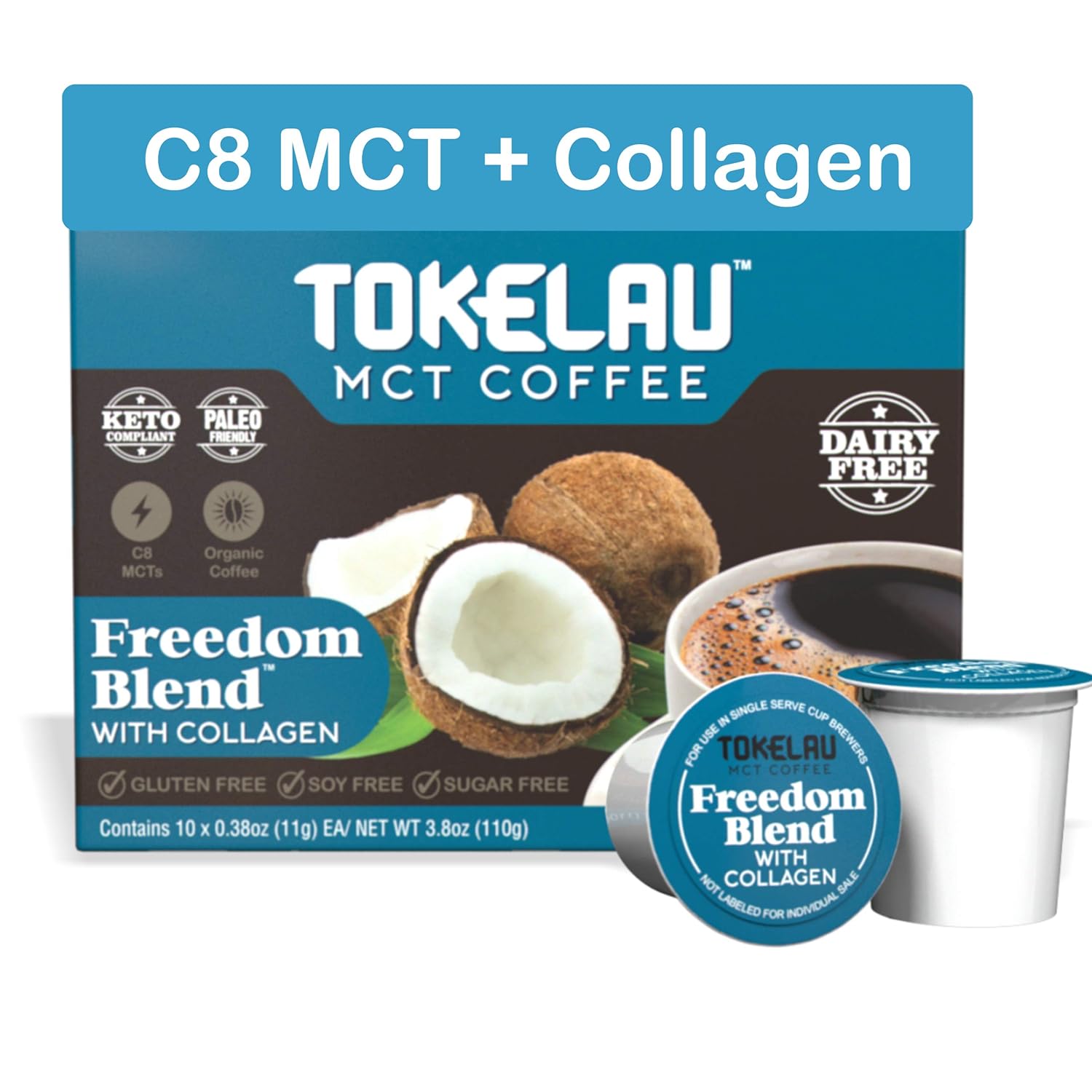 Tokelau Keto Coffee Pods for Keurig Style Brewers. Organic Ketogenic Coffee Pods with C8 MCT Oil and Collagen. Get Into Ketosis Fast and Burn Fat for Fuel. Sugar-Free and 100% Dairy Free.