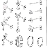 Florideco 20G 18G Threadless Flat Back Earrings Hypoallergenic Push in Stud Earrings 14K Gold Plated 316L Surgical Steel Stud Hoop Earring Sets Cartilage Helix Conch Tragus Nose Piercing Jewelry 12pcs