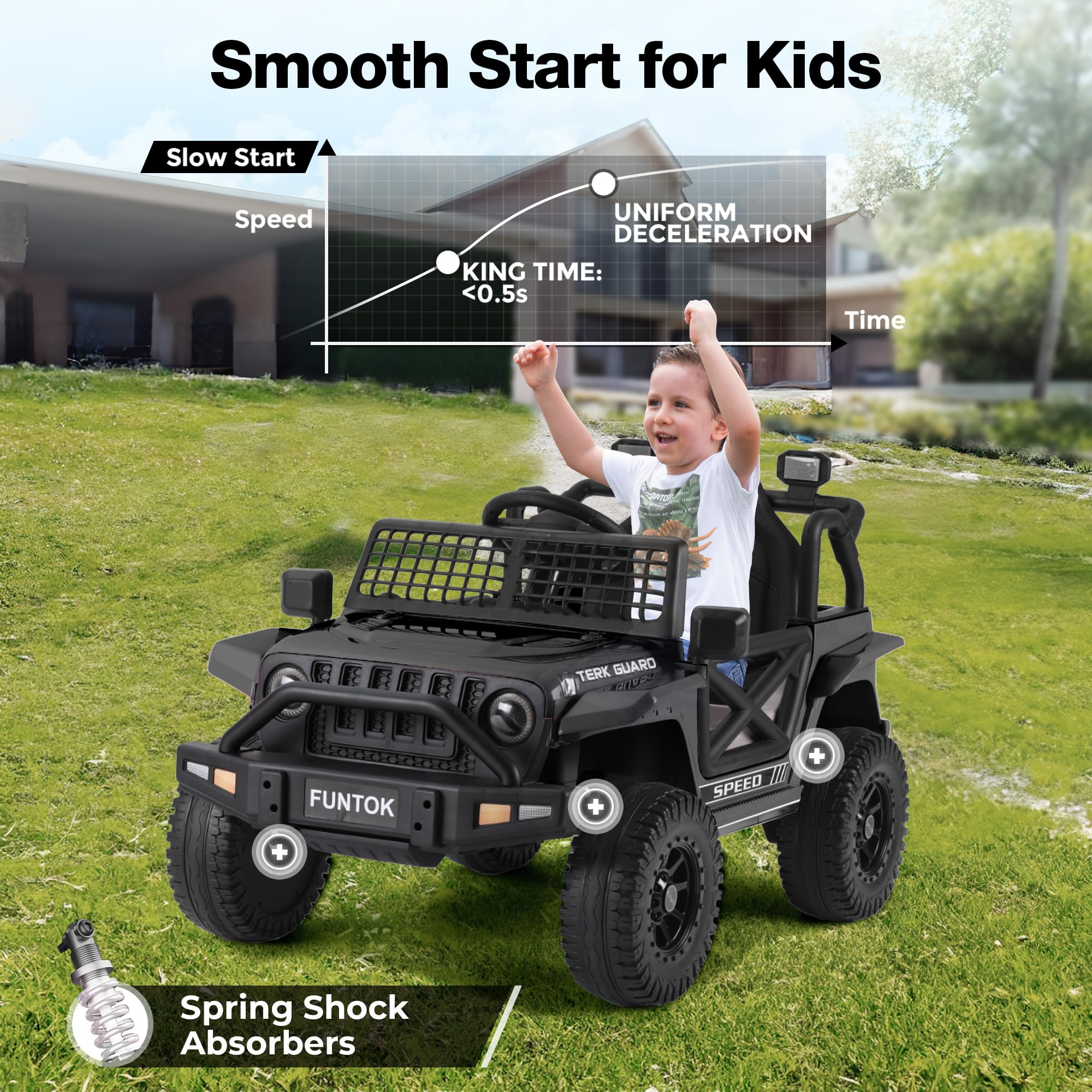 FUNTOK 12V 7AH Ride On Truck, Electric Car for Toddlers 1-3 w/Remote Control, LED Lights, 3 Speeds, Spring Suspension, Soft Start, Bluetooth Speaker, Music Player, Gifts for Boys and Girls (Black)