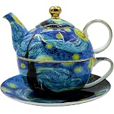 Porcelain 13 OZ Tea for One Teapot and Cup Set Vintage Floral Ceramic Tea Set European Style Tea pot and Saucer Set (Starry Sky)