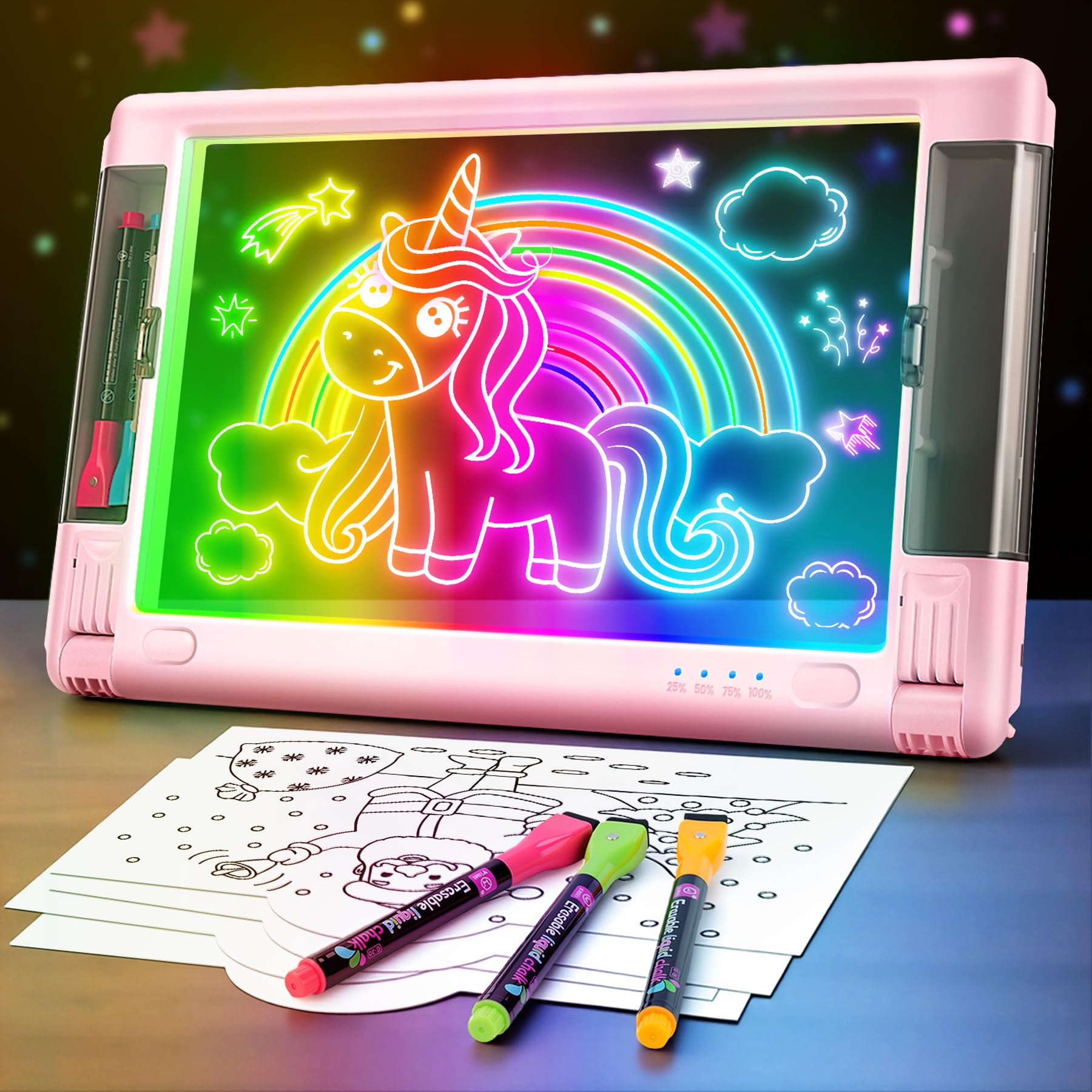 LED Note Board with Colors, Rechargeable 9 Modes Light Up Acrylic Dry Erase Board, 15 Inch Neon Art Tracing Board Creative Gift Toy for Kids & Teens with 5 Colored Markers, 10 Tracing Sheets