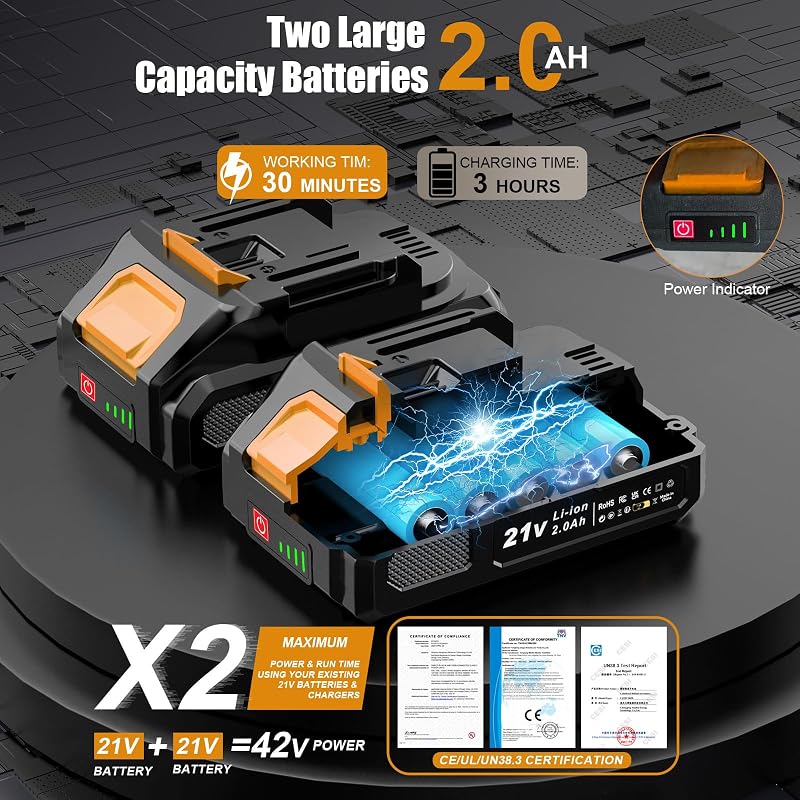 Decespugliatore a Batteria, Tagliabordi a Batteria 21V con 2 Batterie 2.0Ah, Altezza e Angolazione Regolabili, Decespugliatore Per il Taglio di Giardini, Prati e Terreni