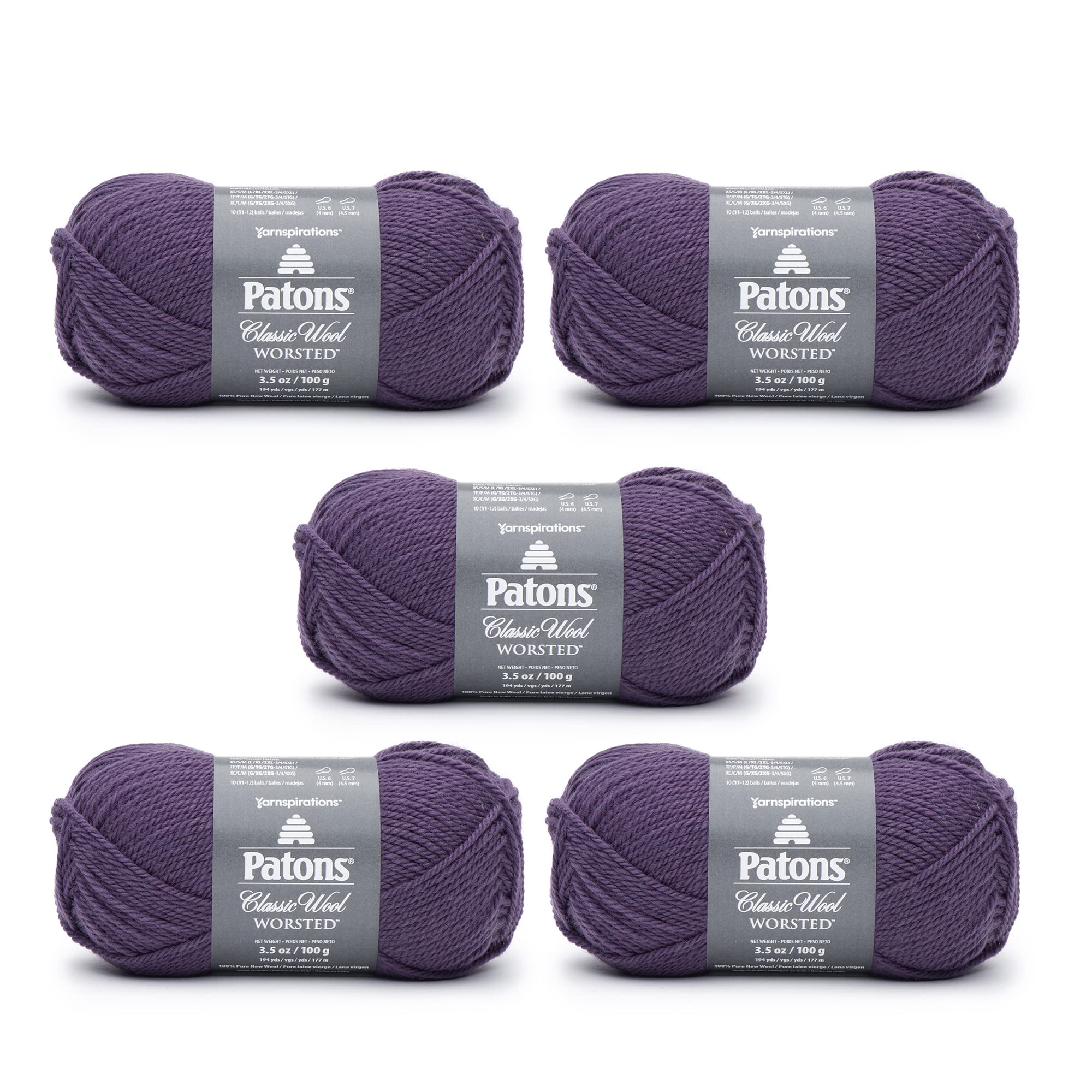 Patons Classic Wool Gray Plum Yarn – 5 Pack of 3.5oz/100g – Wool – 4 Medium – 210 Yards – Knitting/Crochet