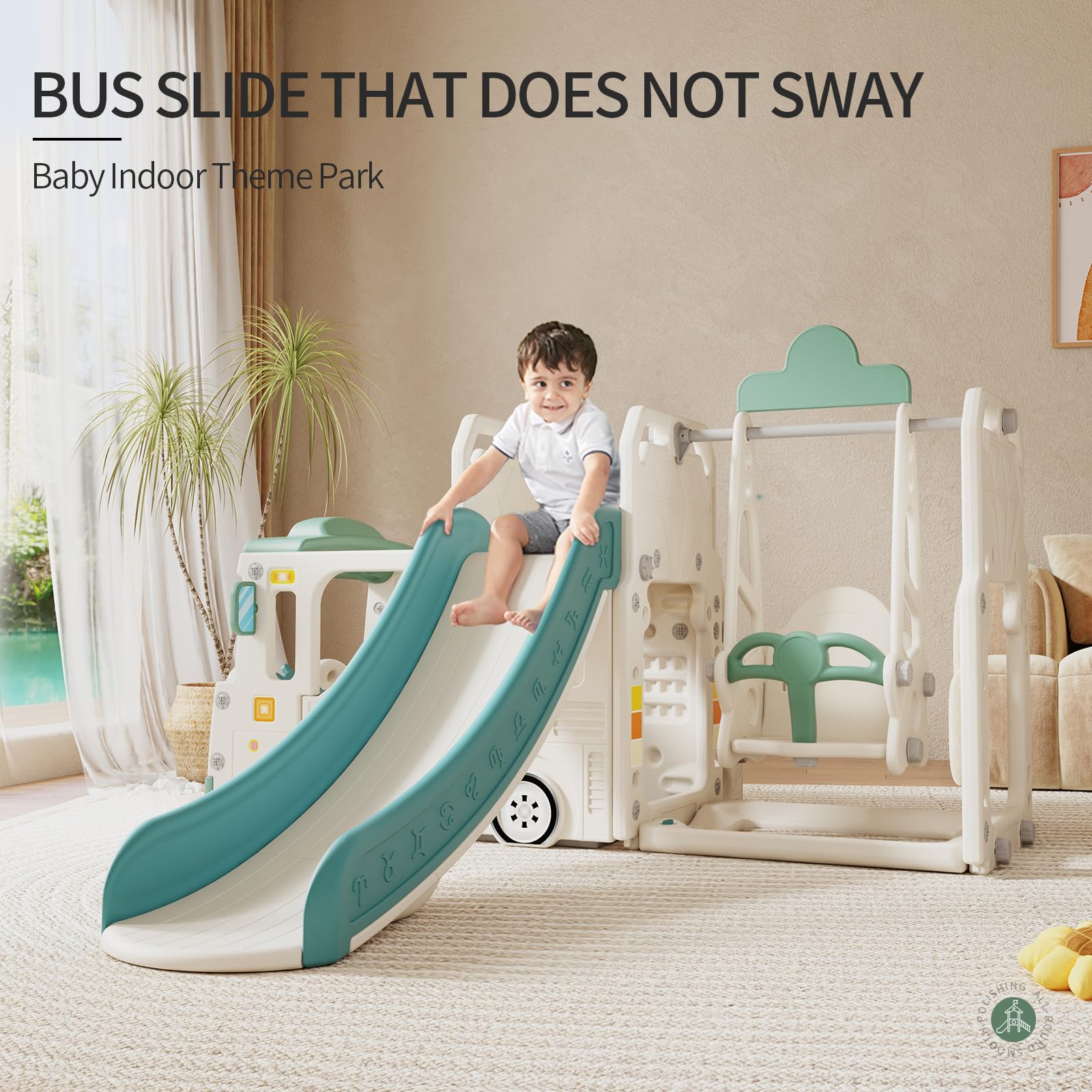 Toddler Slide and Swing Set, Baby Slide for Kids Toddlers 3+, Freestanding Slide Baby Play Set Outdoor/Indoor, 6-in-1 Baby Playset Slide, Climber, Non-Slip Stairs, Roomy Aisles, Bus Themed