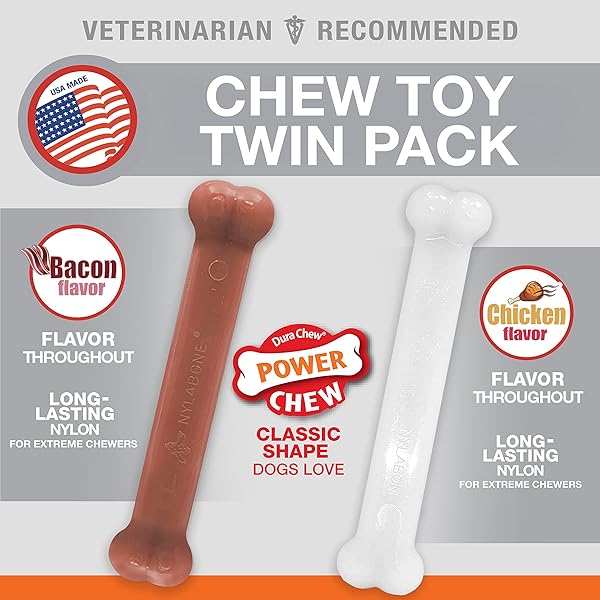 NYLABONE ORIGINAL BONE POWER CHEW TOY FOR DOGS, DURABLE DOG TOYS FOR AGGRESSIVE CHEWERS, BASTED BLAST CHICKEN FLAVOR, LARGE – UP TO 50 LBS, 2 PACK