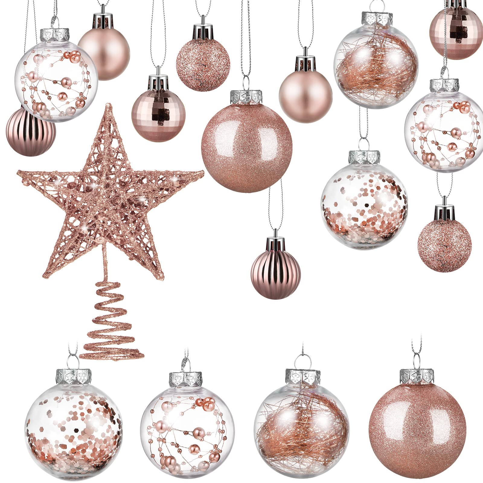 Christmas Balls Ornaments set Star Balls tree Baubles Set Plastic Tree Topper Star Clear Balls for Tree Birthday Holiday Indoor Outdoor Decor (Rose Gold,37 Pieces)