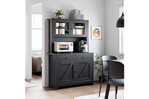 GarveeHome Kitchen Pantry Cabinet with Microwave Stand, Freestanding Hutch Cabinet with Buffet Cupboard, Tall Kitchen Cabinets with Adjustable Shelves for Kitchen, Dining Room, Black