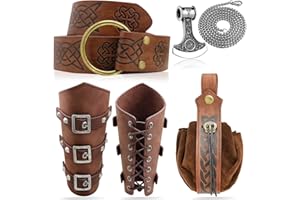 RECHICGU 3Pcs Medieval Viking Leather Belt, Retro Belt Bag Pouch Axe Necklace, Renaissance Knight Accessories LARP Ren Faire Costume