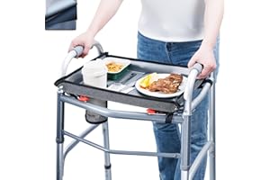 BAGSFY Walker Tray with Cup Holder – Hard Top Walker Accessory for Seniors – Folding Walker Table for Meals, Reading, Drinks – Non-Slip, Easy Install, Universal Fit