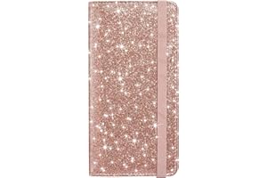 HOTCOOL Checkbook Cover with Elastic Band - Premium Leather Clear PVC Divider Durable, Compact, and Multi-Functional Holder Wallet Case for Man and Woman, Glitter Rose