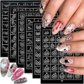 6 Sheets Halloween Nail Art Stickers Airbrush Nail Stencils Stickers | Holiday Nails Guides Decals Spooky Ghost Pumpkin Skull Bat Hat Designs Halloween Stickers for Women Manicure Decorations DIY