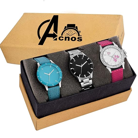 Foxter Three Analog Multi Color Dial Watches Combo for Women and Girls(605 Skyblue-321 pink-446 Black)