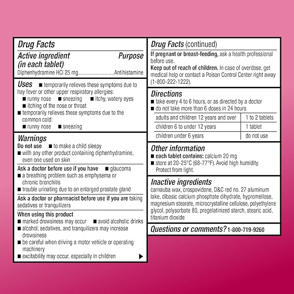 AMAZON BASIC CARE ALLERGY RELIEF DIPHENHYDRAMINE HCL 25 MG, ANTIHISTAMINE TABLETS FOR SYMPTOMS DUE TO HAY FEVER AND UPPER RESPIRATORY ALLERGIES, MINI-TABS, 100 COUNT