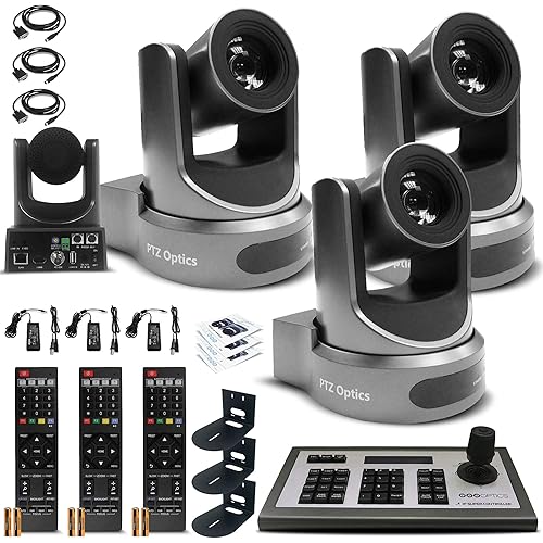 3 x PTZOptics 20x-SDI Gen2 Live Streaming Camera (Gray) (PT20X-SDI-GY-G2) + PTZOptics 4D IP Joystick Controller + 3 x Universal Wall Mount Bracket - Triple Camera, Mount And Joystick Controller Bundle