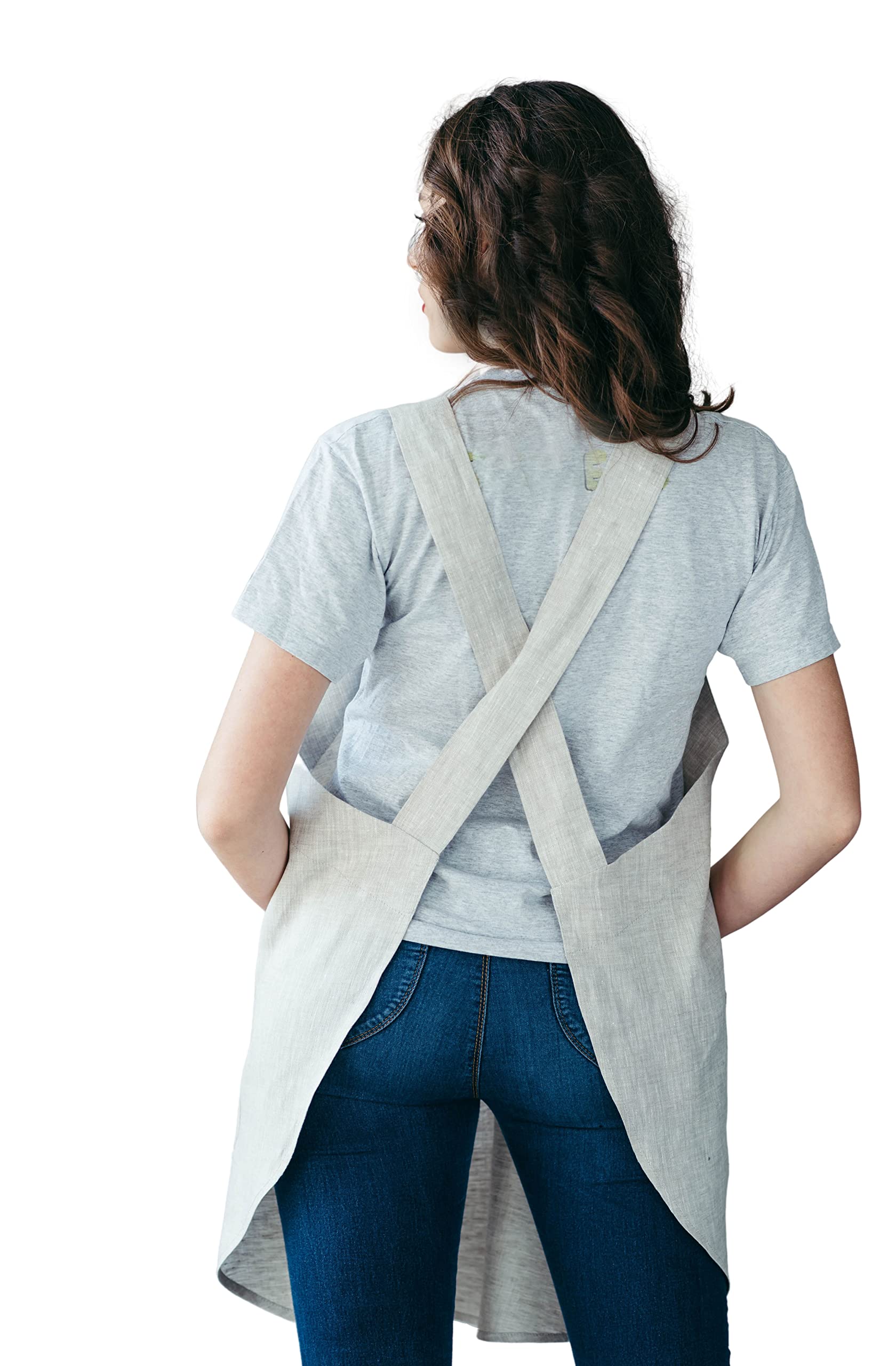 Bunny Street Linen Pinafore Apron - Premium Cross Back Japanese Apron for Women - No Ties Crossover Apron with Pockets (Natural Linen Colour)