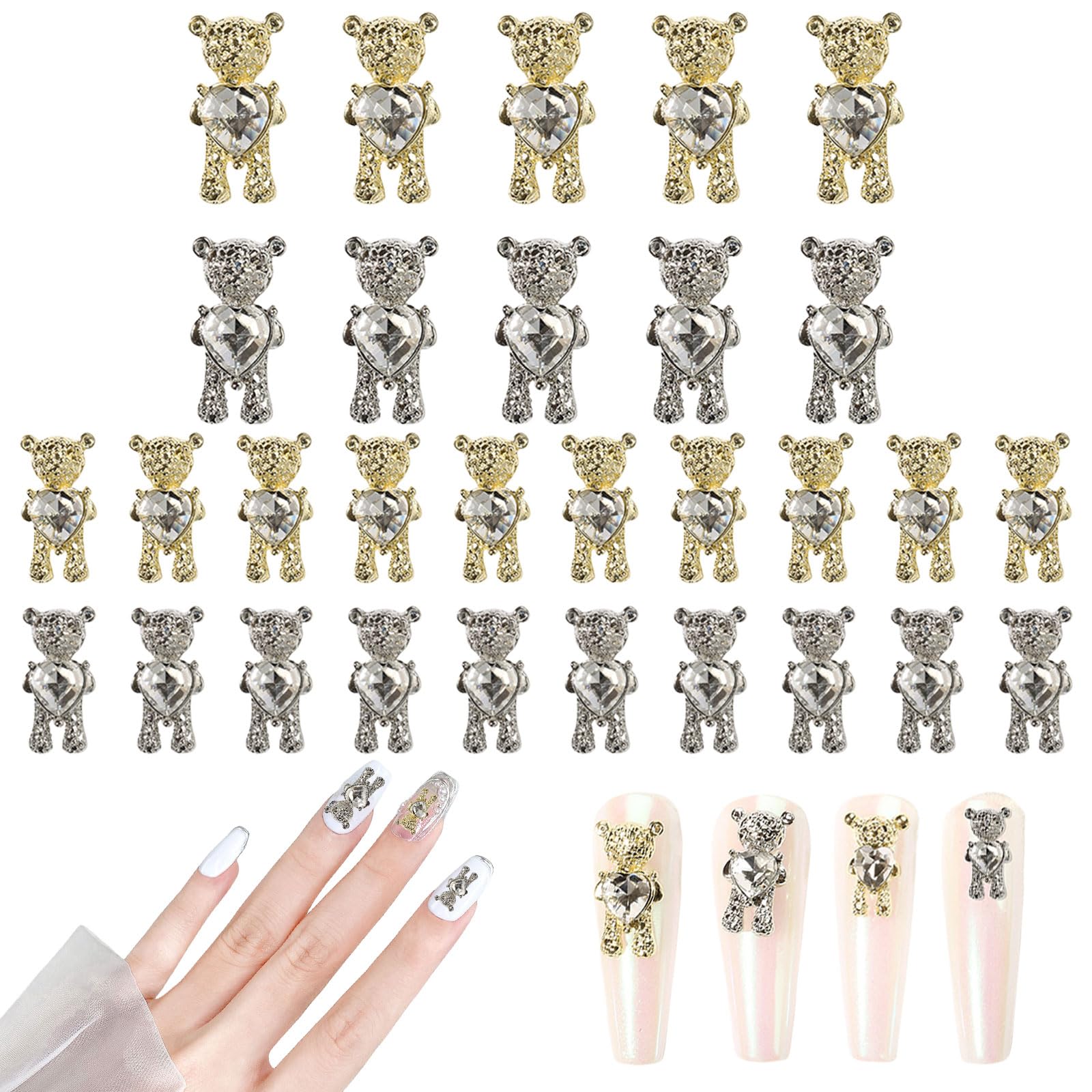Bear Nail Charms,30PCS Shiny Alloy Bear Nail Art Decoration with Heart Rhinestones, 3D Gold Silver Alloy Nail Charms for Manicure Design DIY Ornaments Crafts Accessories (Gold Silver)