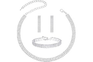 MIRACULOUS GARDEN 3/4 Pieces Women Jewelry Set Rhinestone Crystal Bride Statement Choker Necklace Tiara Crown Link Bangle Bracelet Teardrop Dangle Earrings Set