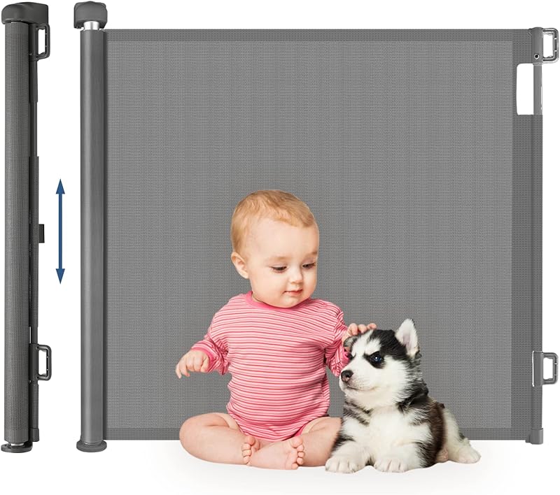 HollyHOME Retractable Stair Gate 180cm Grey Baby Gate Dog Gate