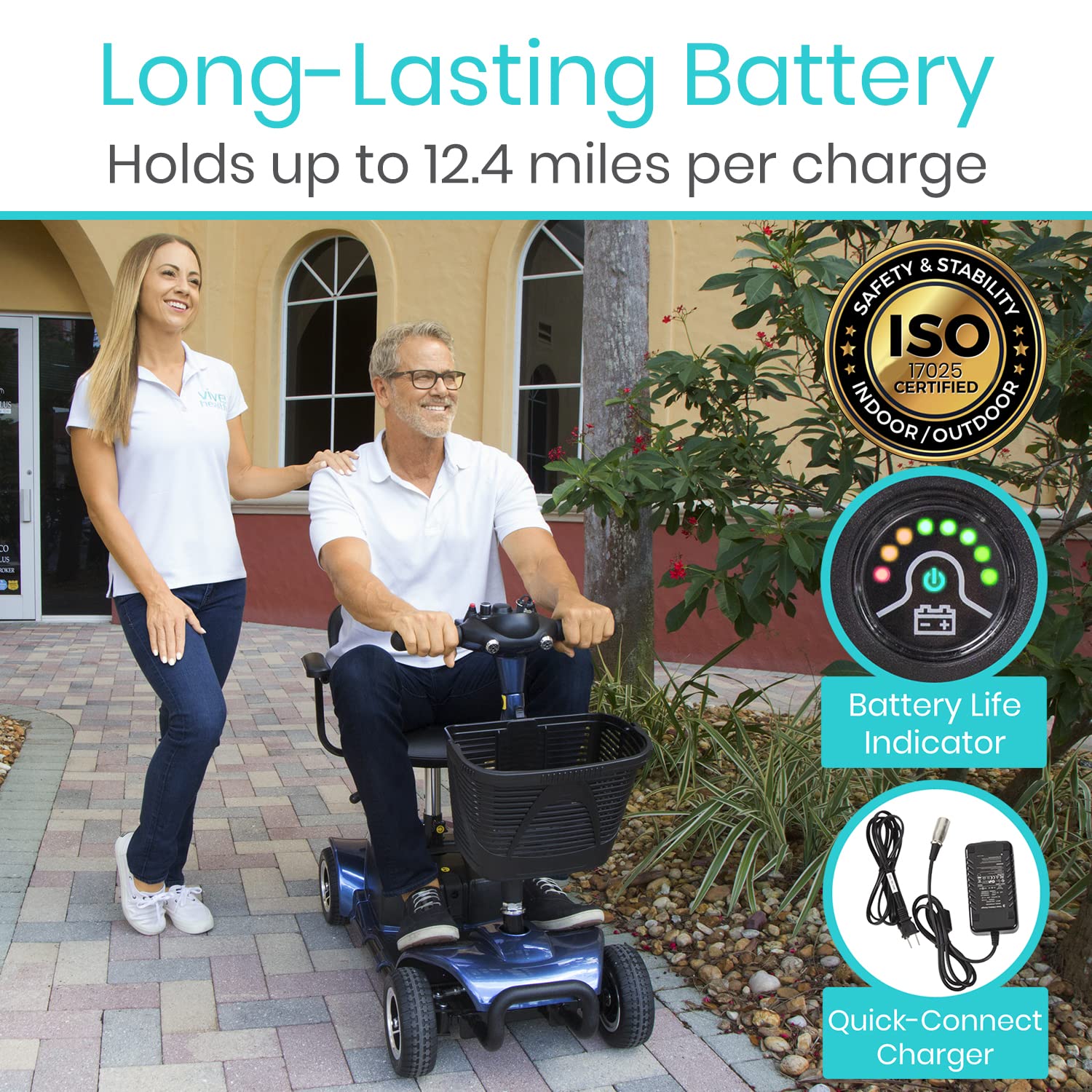 Vive 4 Wheel Mobility Scooter - Electric Powered Wheelchair Device - Compact Heavy Duty Mobile for Travel, Adults, Elderly - Long Range Power Extended Battery with Charger & Basket