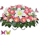 MUVIC Artificial Cemetery Flowers Saddle- Memorial Flowers - Outdoor Grave Decorations,Sympathy Flower - Headstone Flower Saddle with Silk Pink Roses Lily Peony