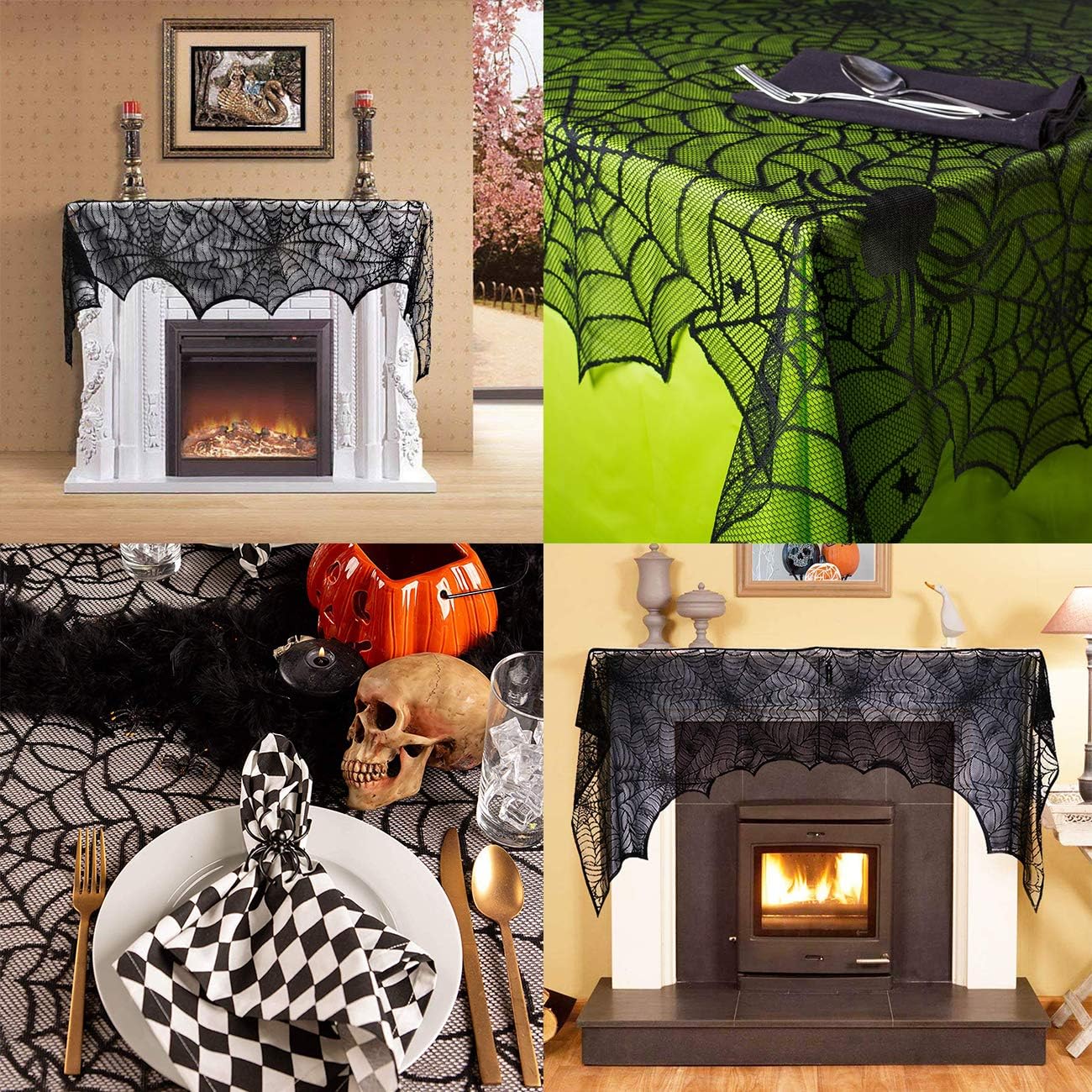 Sunnyglade Halloween 18"x96" Lace Spiderweb Fireplace Mantle Cover Fireplace Scarf & 54"x72" Rectangular Black Spider Web Lace Tablecloth, Festive Party Halloween Supplies: Kitchen & Dining