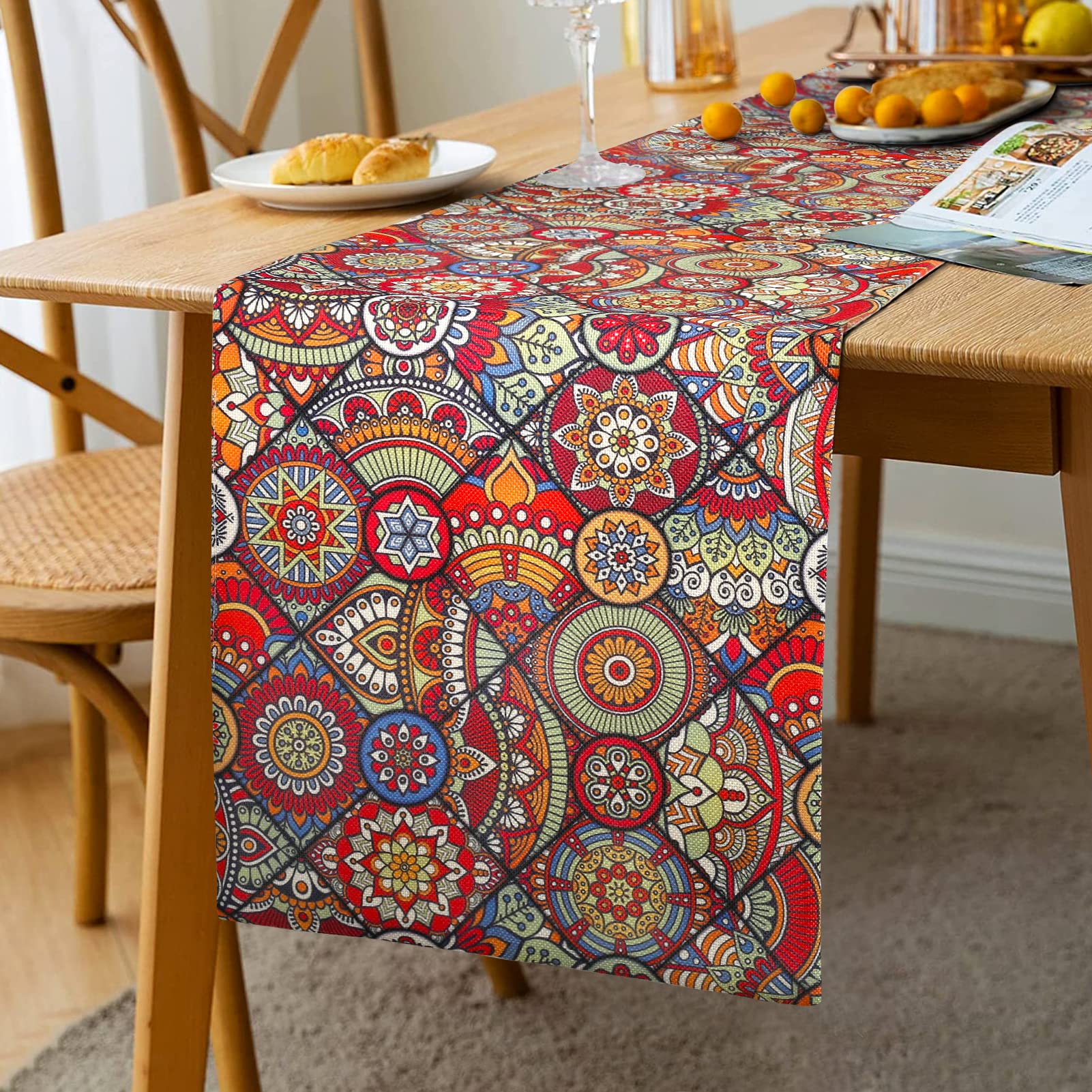 Linen Table Runner 33 X 183cm Boho Mandala Flower Geometric Stripe Tribal Vintage Coffee Table Runner Bohemian Style Orange Dining Table Bedside for Everyday Use Colorful Red