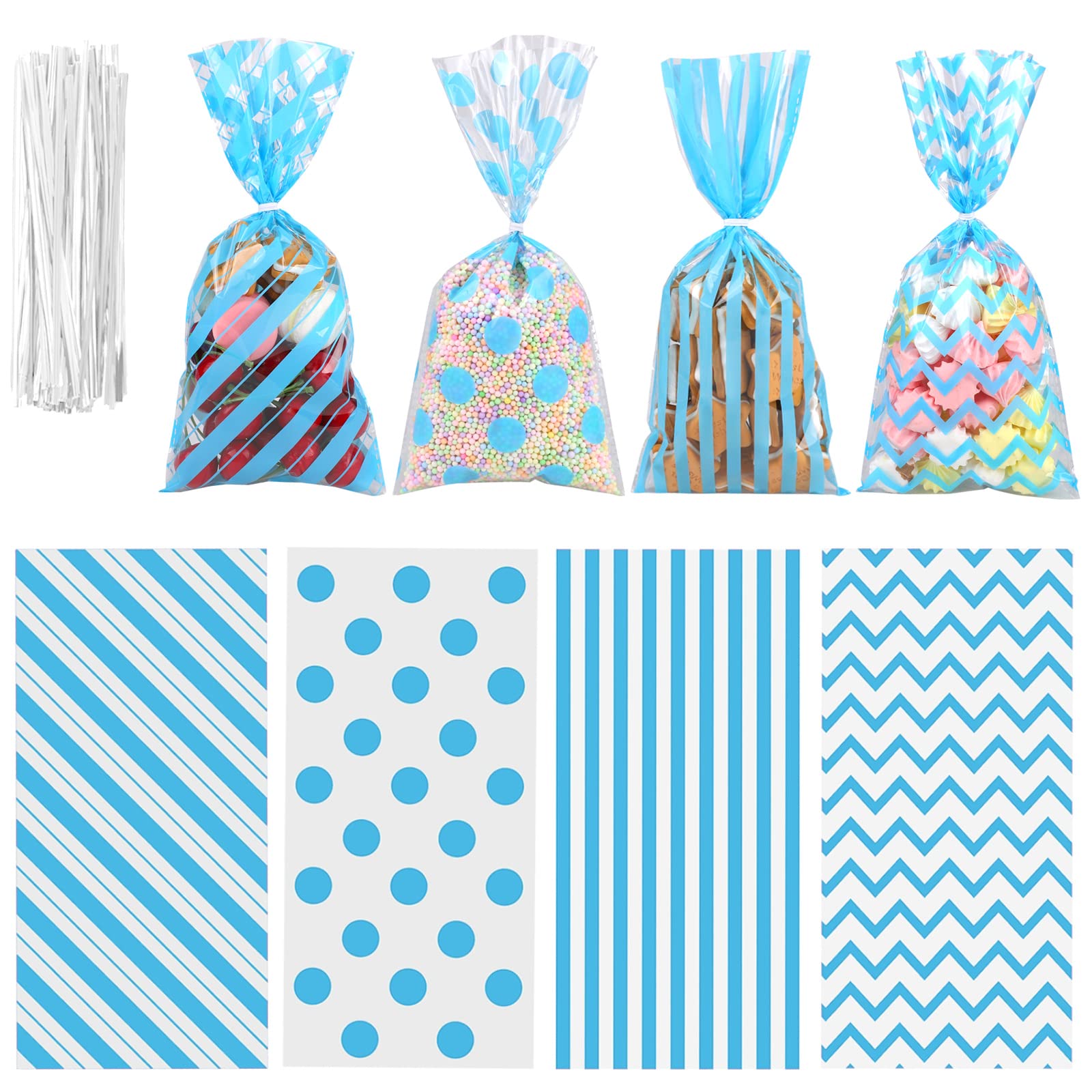 ANECO 100 Pack Blue Cellophane Bags Plastic Candy Bags Gift Bags Goodie Bags with Twist Ties for Valentine, Birthday, Gift Cookie Snack Packing Party Favor Supplies