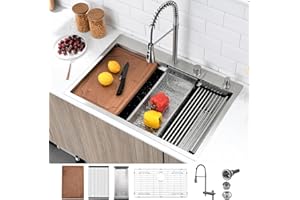 BoomHoze 33-inch Drop in Waterfall Kitchen Sink Workstation, 33x22 Drop in Kitchen Sink with Waterfall Faucet Single Bowl 16 Gauge Stainless Steel Top Mount All in One Kitchen Sink with Faucet