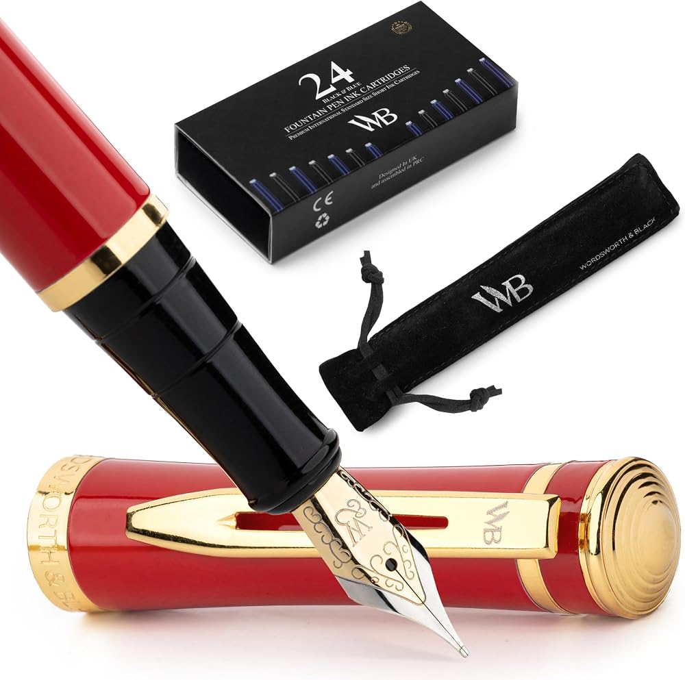 Wordsworth & Black Fountain Pen Set 18K Gold Nib Crimson Red Gift Pouch