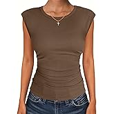 ANRABESS Womens Tops Cap Sleeve Crewneck Shirts Casual Ribbed Knit Slim Fit Ruched Summer Basic Tee Tank 2026 Trendy Clothes