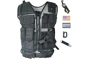 ACTJ.M Black Tactical Vest with Holster Adjustable Waist for Combat Airsoft Paintball Training Adults Men Size XX-Large-3X-Large
