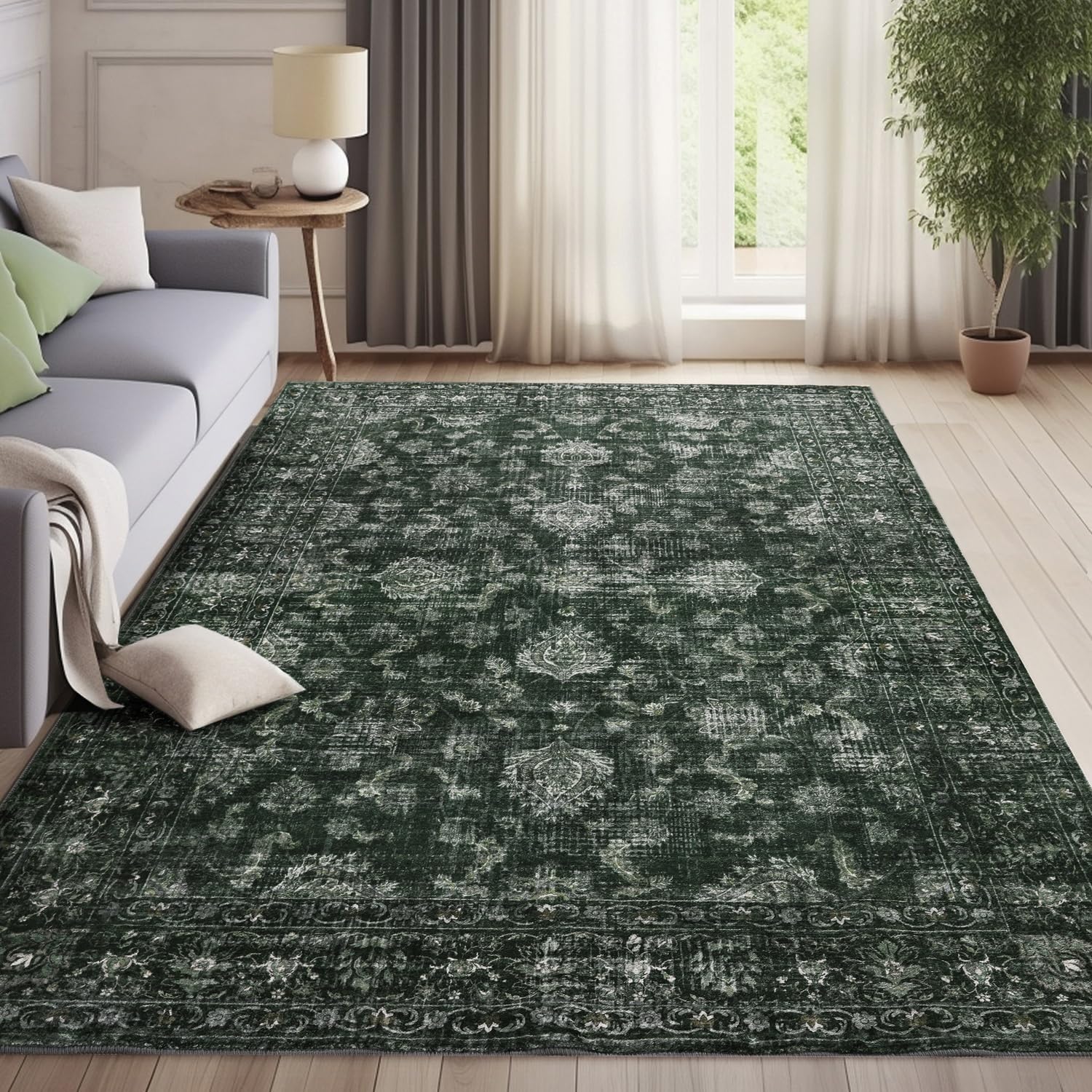 Photo 1 of FROZZUR Boho Green Area Rug 5x7 Large Vintage Rug for Living Room Bedroom Dining Table, Non Slip Distressed Washable Rugs for Home Office Christmas Decor Green